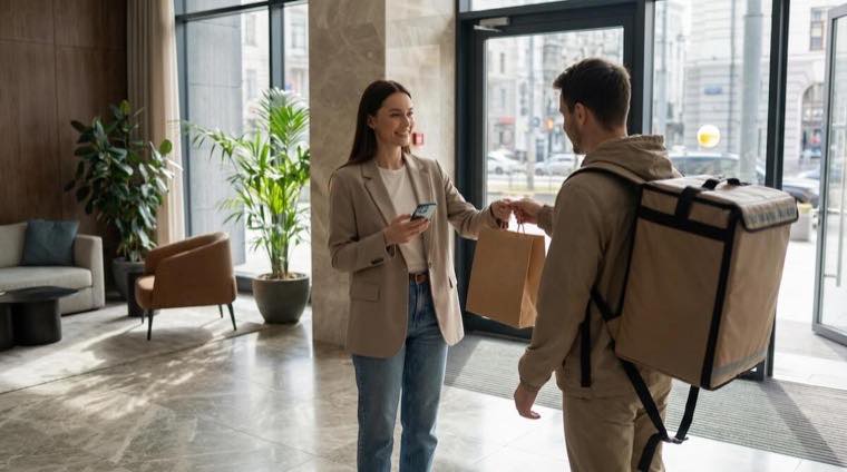 Delivery handoff showing off-premise order fulfillment.