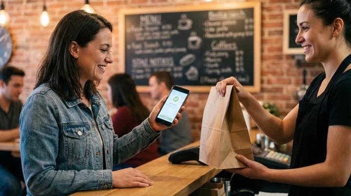 Customer picking up a takeout order inside a restaurant.