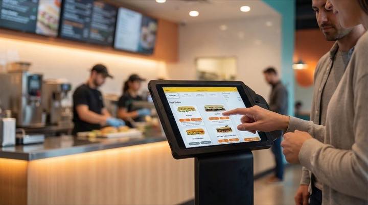 Restaurant guest picking up an order at the counter.