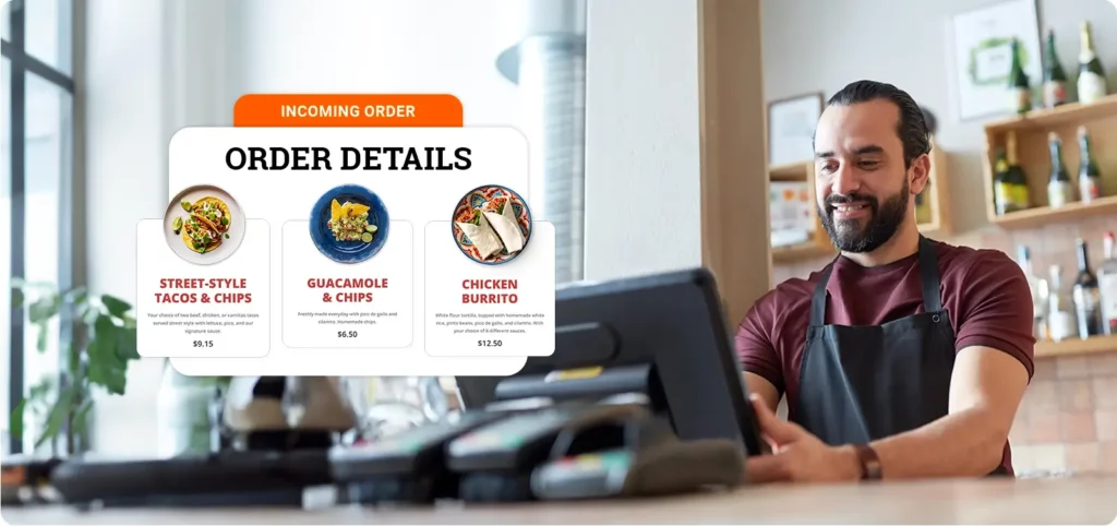 A restaurant owner keeps up with changing customer expectations in restaurants by offering online ordering, and he smiles as he sees an incoming order come through on his point of sale system.